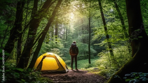 hiker setting up camp in an enchanted forest generative ai