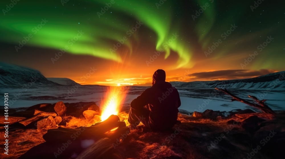 traveler preparing a campfire under the Northern Lights in Iceland generative ai traveler preparing a campfire under the Northern Lights in Iceland generative ai