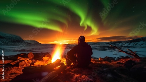 traveler preparing a campfire under the Northern Lights in Iceland generative ai