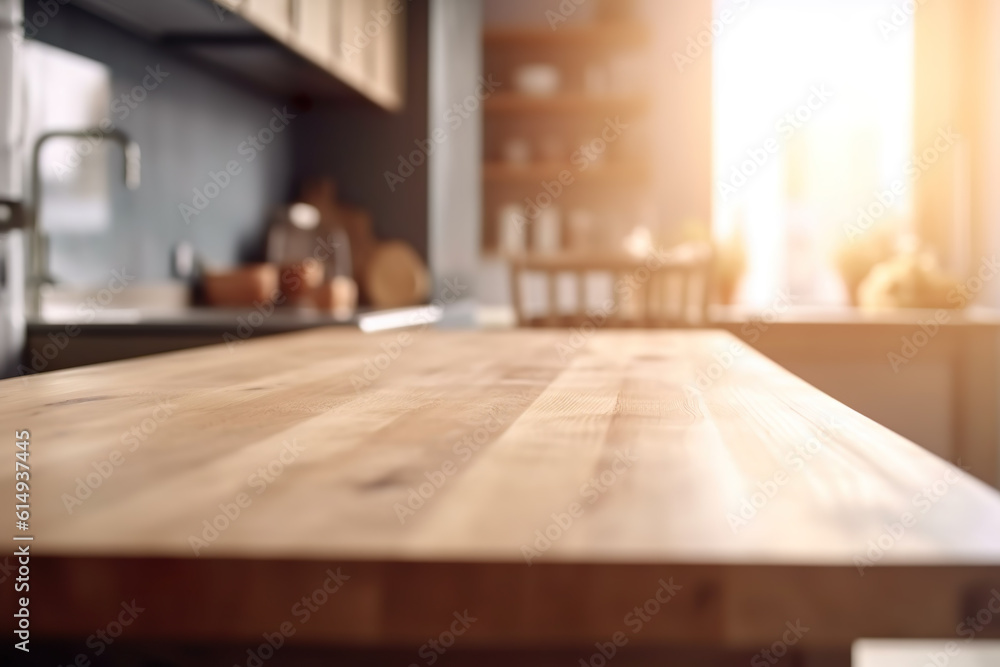 Wooden table with out-of-focus kitchen backdrop Wooden table with out-of-focus kitchen backdrop