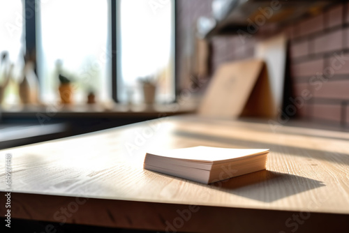 Notes to write on wooden table with out-of-focus kitchen background
