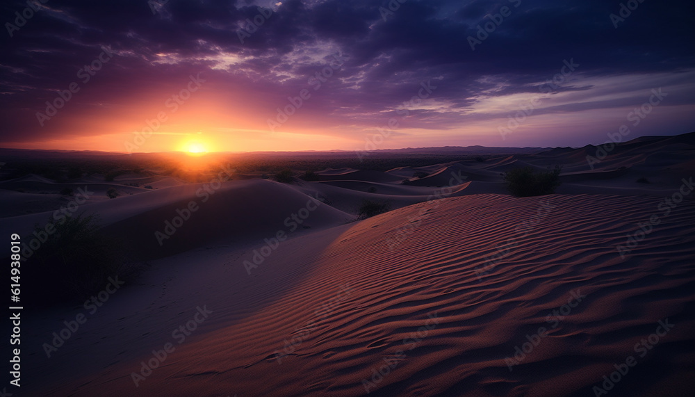 Arid Africa Majestic sunrise, tranquil sunset, remote horizon, beauty in nature generated by AI