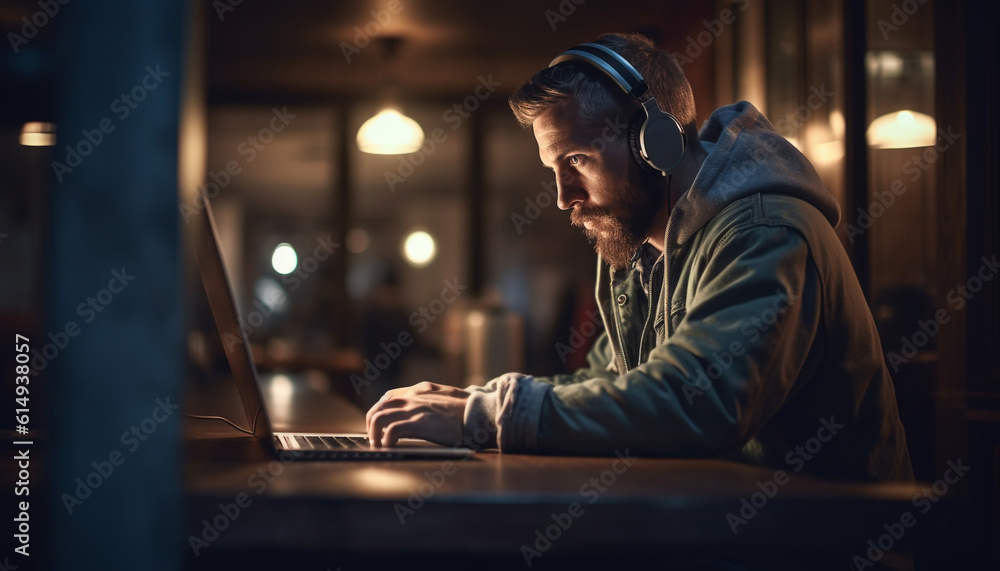 One man, typing on laptop, using wireless technology at night generated by AI