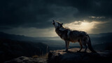 A majestic wolf howling at the mountain peak in dusk generated by AI