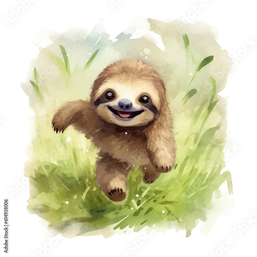 Cute baby sloth cartoon in watercolor painting style