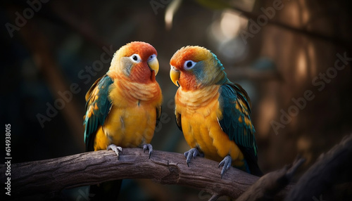 Colorful macaws perching on branch, looking at camera with love generated by AI