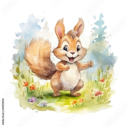 Cute squirrel cartoon in watercolor painting style