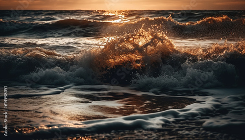 Sunset over the tranquil seascape, waves splashing against rocks generated by AI © Stockgiu