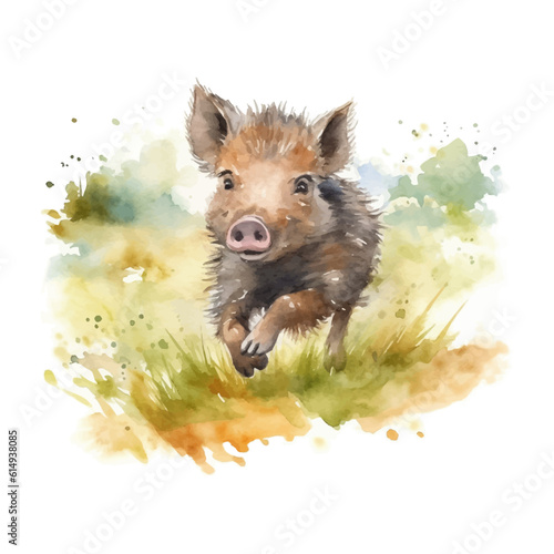 Cute little pig cartoon in watercolor painting style