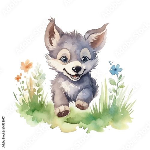Cute little wolf cartoon in watercolor painting style © Fauziah