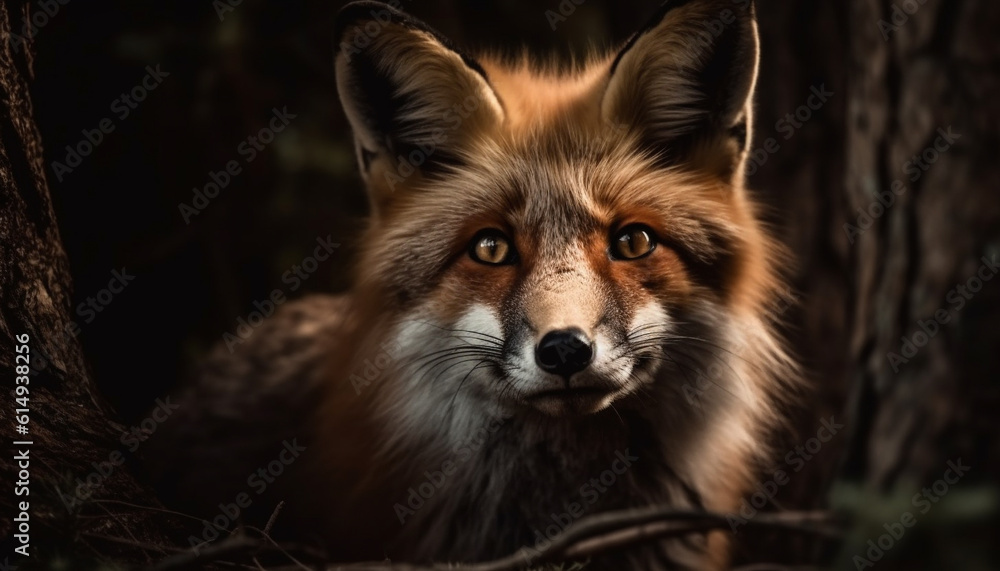 Fototapeta premium Red fox sitting in winter forest, alert and looking ahead generated by AI