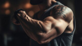 Muscular athlete flexes bicep in gym, embodying masculinity and determination generated by AI