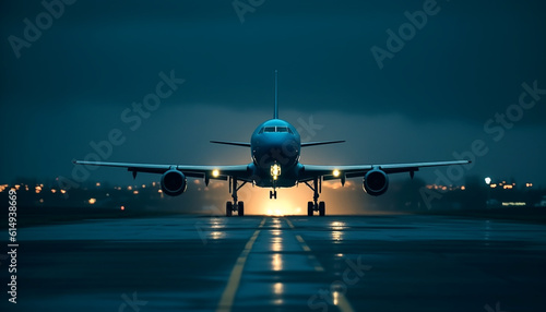 A commercial airplane taking off at dusk, illuminated by technology generated by AI