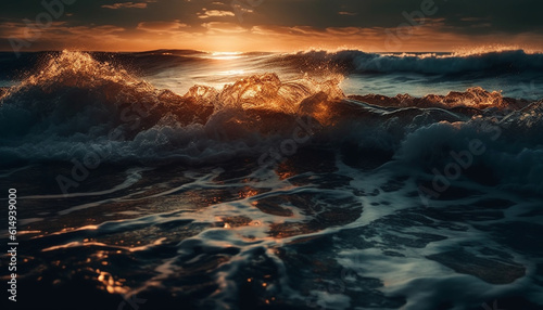 Sunset over the seascape  waves crashing on rocks  dramatic beauty generated by AI