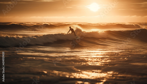 Surfing at dawn, one person, silhouette against blue beauty generated by AI