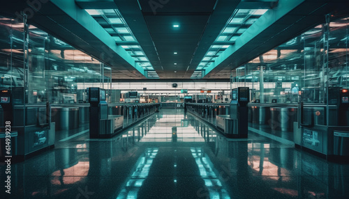 Empty subway station reflects modern architecture in futuristic vanishing point generated by AI