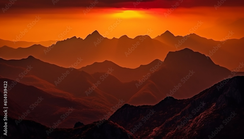 Majestic mountain peak silhouettes against tranquil orange sunset sky generated by AI