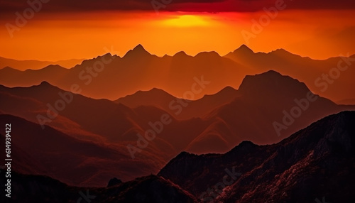 Majestic mountain peak silhouettes against tranquil orange sunset sky generated by AI