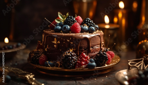 A decadent chocolate cheesecake with fresh berry decoration and candle flame generated by AI