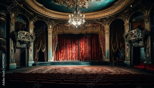 The illuminated stage theater exudes elegance with velvet curtains generated by AI