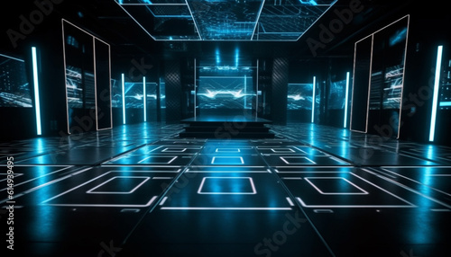 In a futuristic corridor, glowing blue network servers illuminate the empty room generated by AI