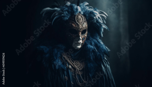 Dark elegance and mystery in Halloween costume, feathers and mask generated by AI