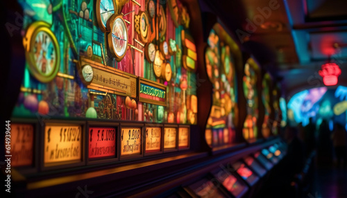 Neon casino sign glows in dark, illuminating city nightlife generated by AI