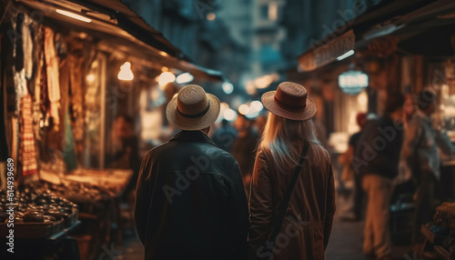 A young couple walking together at night in the city generated by AI © Stockgiu