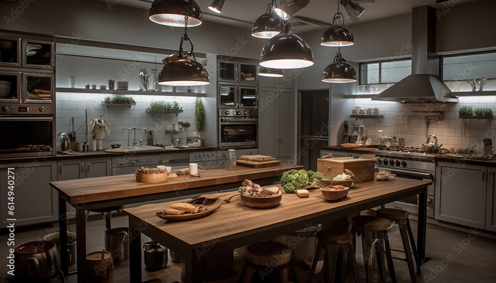 Modern luxury kitchen island with stainless steel appliances and granite countertops generated by AI Modern luxury kitchen island with stainless steel appliances and granite countertops generated by AI