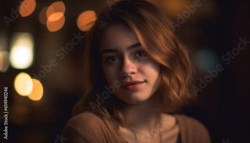 Beautiful young woman smiling at camera, illuminated by lighting equipment generated by AI © Stockgiu