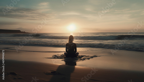 One woman meditating in lotus position, beauty in nature generated by AI © Stockgiu