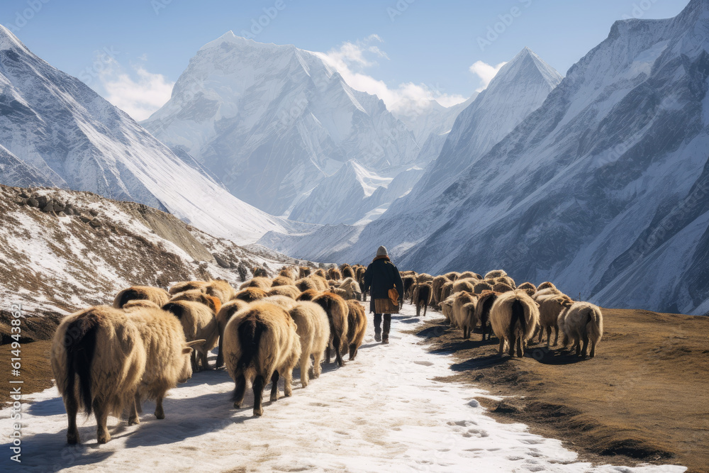 Fototapeta premium A man is leading sheep in the snow with mountain mountains in the background