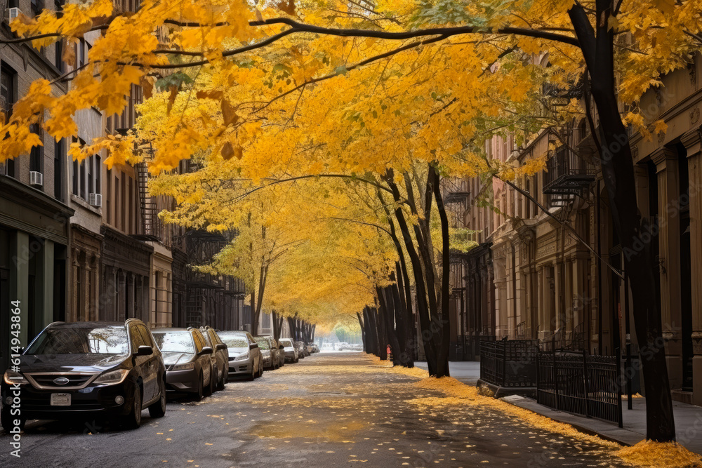 A street in new york city with golden leaves fall foliage