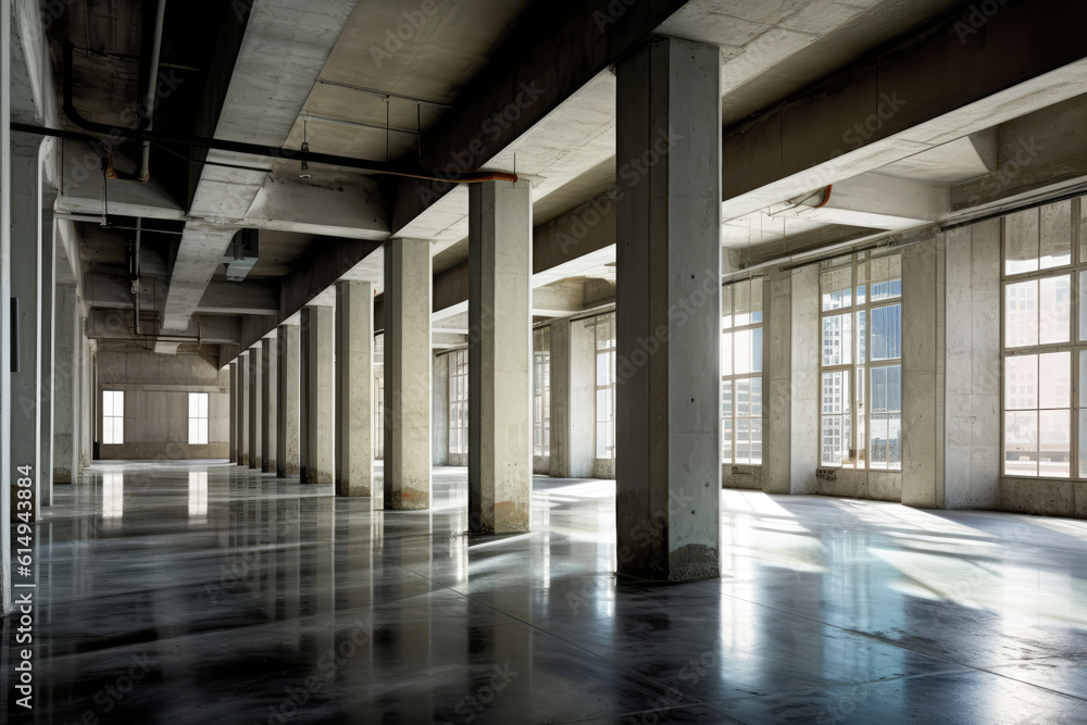 Empty warehouse with concrete walls, columns and windows