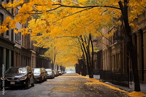 A street in new york city with golden leaves fall foliage