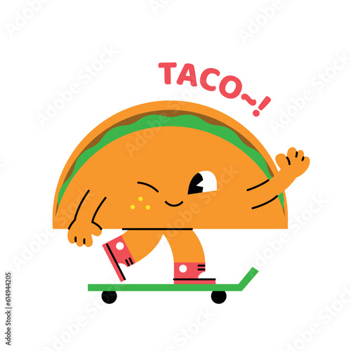 Cute abstract shapes characters. Half circle taco is riding a skateboard and saying hello.