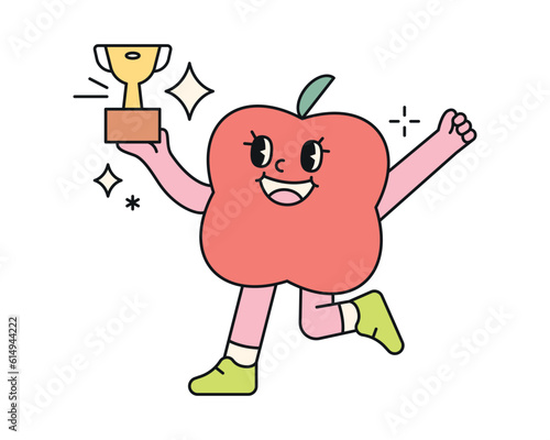 Cute abstract shapes characters. A figure that looks like an apple is running excitedly while holding a championship trophy.