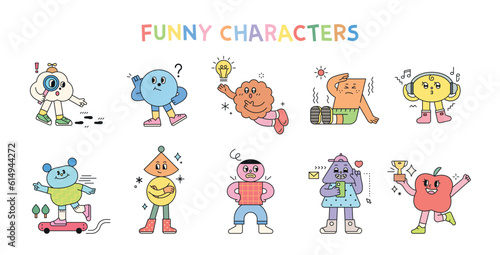 Cute abstract shapes characters express various emotions and actions.
