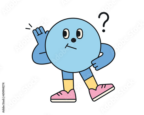 Cute abstract shapes characters. The blue circle is curiously listening to the news with its hand over its ear and tilted.