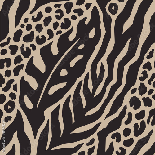 Abstract Mix Tropical Leaf, Leopard and Zebra Stripes Seamless Pattern. Vector Geometric Exotic Print