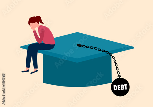 Educational money problem or student loan concept vector illustration. Unhappy student sitting on graduation hat in flat design. photo