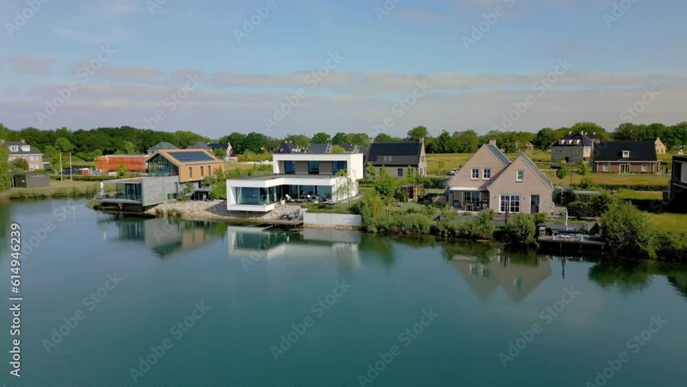 Aerial view of luxurious lakeside building plots of Villaparc Arcen in the middle of nature, Limburg, Netherlands Aerial view of luxurious lakeside building plots of Villaparc Arcen in the middle of nature, Limburg, Netherlands