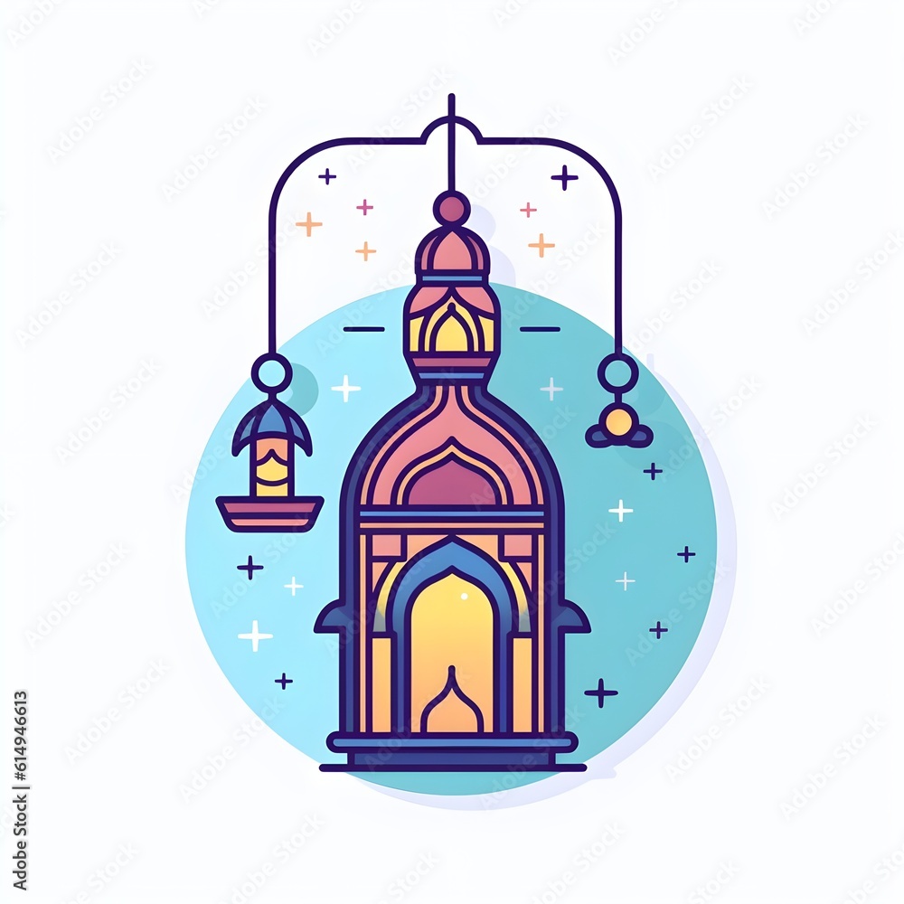 Eid Mubarak greeting icon line and lantern illustration.