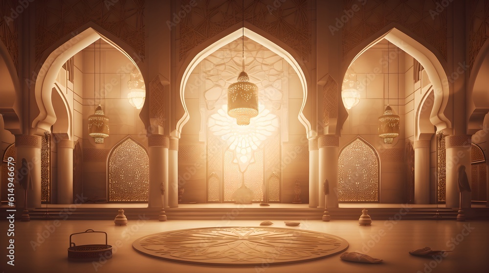 3D Mosque illustration for Eid Mubarak. Islamic Celebration.