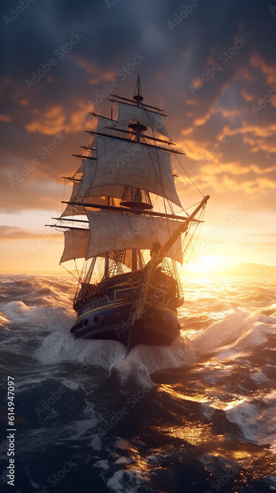 Generative AI sailing boat in the sea at sunset, 3d render illustration