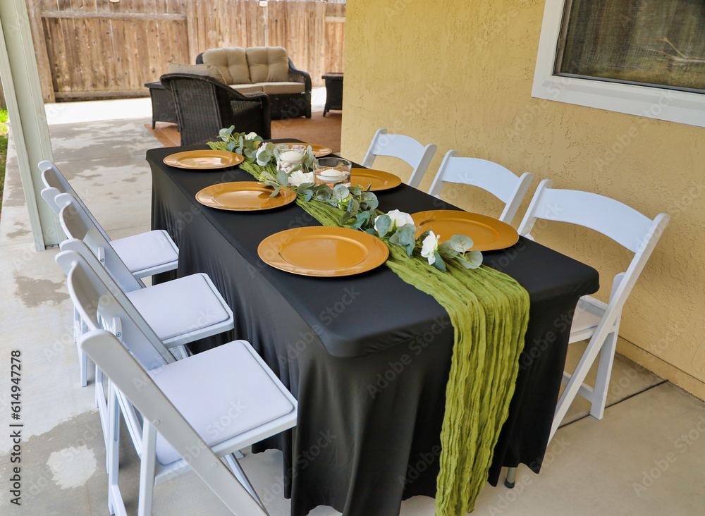 Backyard small gathering party table setting, party rental concept.  - obrazy, fototapety, plakaty 