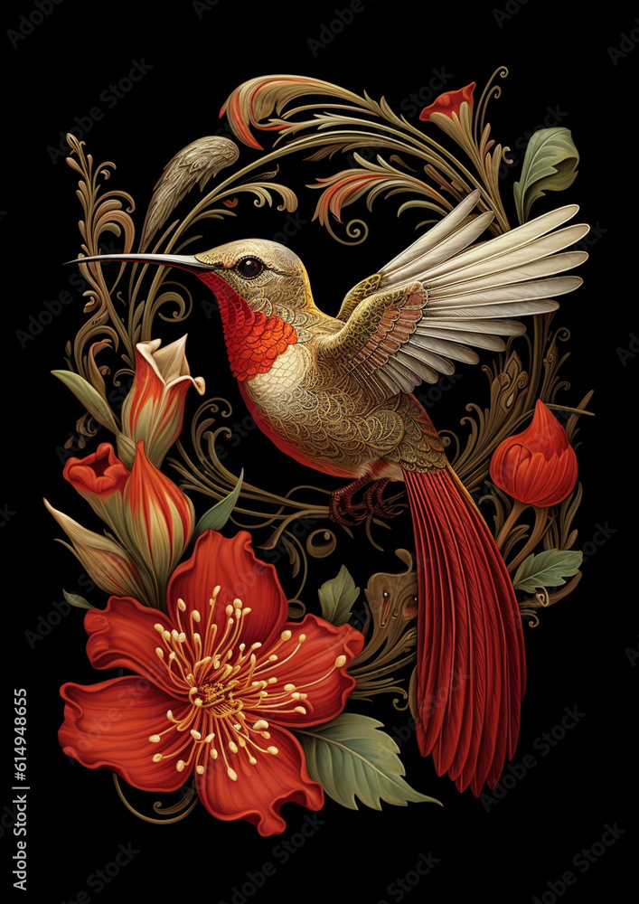 Obraz premium Generative AI Illustration of a hummingbird with red flowers on a black background