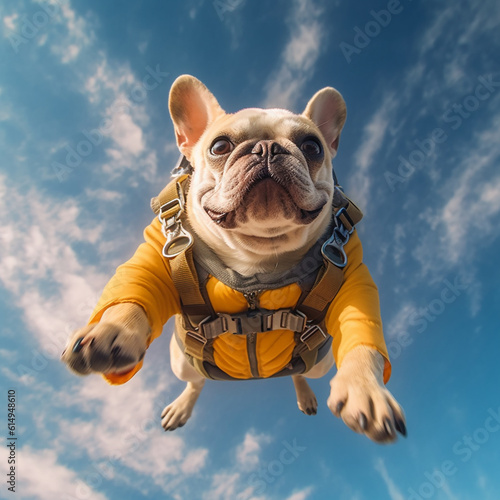 Generative AI french bulldog dog jumping over blue sky with copy space.