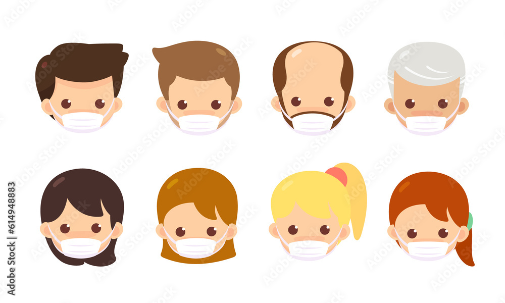 Various age faces wear masks to protect against the flu or covid-19. Cute cartoon people wearing medical masks over white backgrounds. colorful design. vector illustration. Various age faces wear masks to protect against the flu or covid-19. Cute cartoon people wearing medical masks over white backgrounds. colorful design. vector illustration.