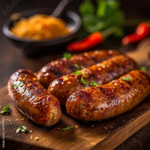 Generative AI Grilled sausages on a wooden board with spices and herbs